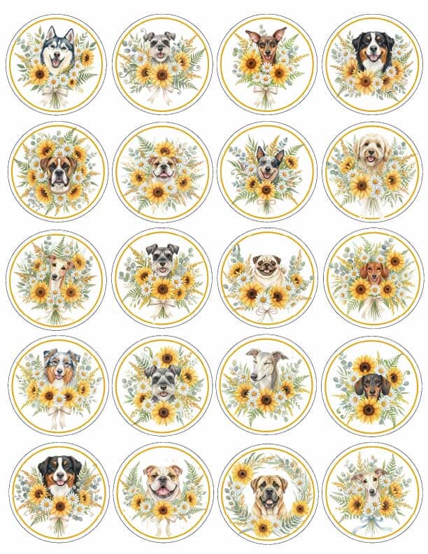 Dog Breed Sunflower Stickersheet Bundle • 20 Dog Portraits • Sublimation Clipart • Floral Dog SVG Set • Pet Lover Designs • SVG,PNG,JPG,PDF,DXF SVG Sarahs Artistic Studio 