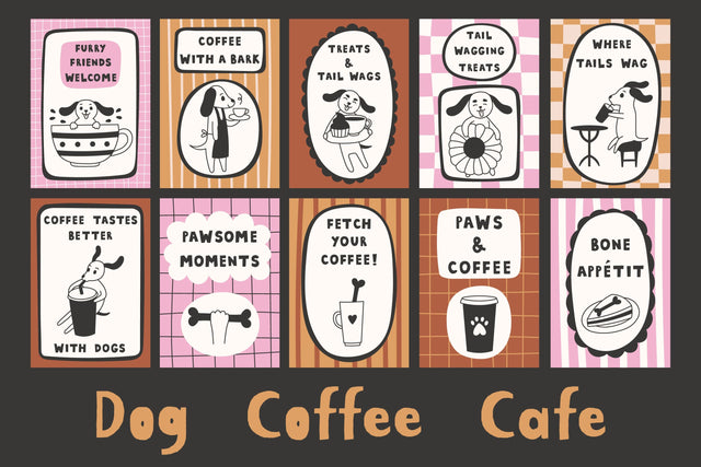 Dog & Coffee Vintage Cafe Poster Set Digital Pattern Rin Green 