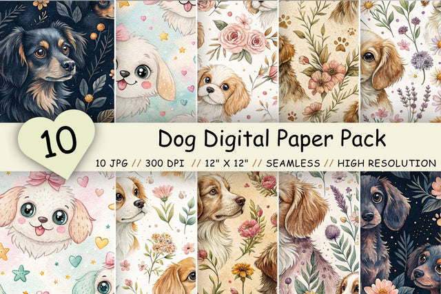 Dog Digital Paper Pack, Seamless Watercolor Pattern Bundle, Printable Scrapbook Paper, Cute Canine Botanical Design Collection Digital Pattern FloridPrintables 