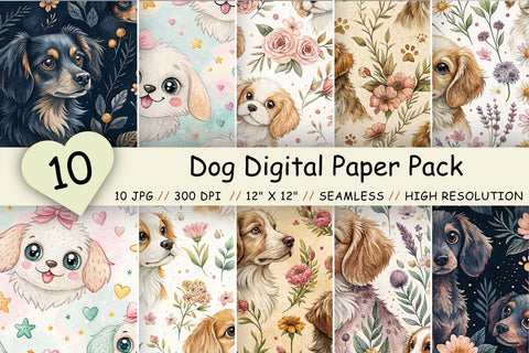 Dog Digital Paper Pack, Seamless Watercolor Pattern Bundle, Printable Scrapbook Paper, Cute Canine Botanical Design Collection Digital Pattern FloridPrintables 