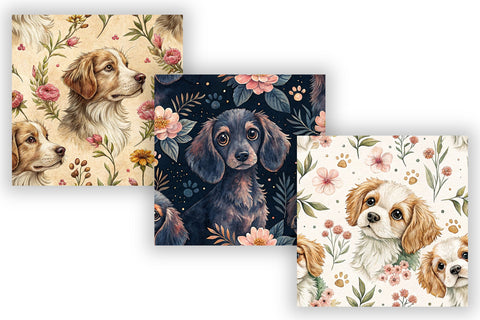 Dog Digital Paper Pack, Seamless Watercolor Pattern Bundle, Printable Scrapbook Paper, Cute Canine Botanical Design Collection Digital Pattern FloridPrintables 