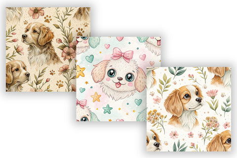 Dog Digital Paper Pack, Seamless Watercolor Pattern Bundle, Printable Scrapbook Paper, Cute Canine Botanical Design Collection Digital Pattern FloridPrintables 