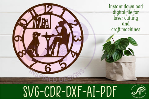 Dog friendly cafe wall clock laser cut files woman and dog SVG APInspireddesigns 