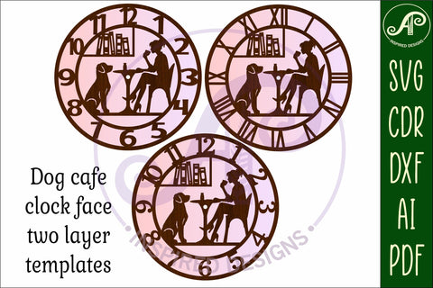 Dog friendly cafe wall clock laser cut files woman and dog SVG APInspireddesigns 