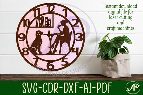 Dog friendly cafe wall clock laser cut files woman and dog SVG APInspireddesigns 