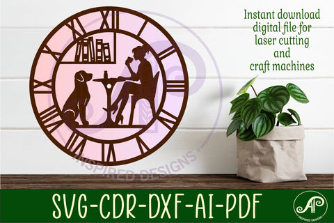 Dog friendly cafe wall clock laser cut files woman and dog SVG APInspireddesigns 