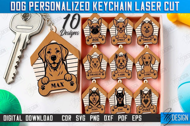 Dog Keychains Laser Cut Bundle | Personalized Accessories | Dog Name Tag Keyring | CNC Files SVG Fly Design 