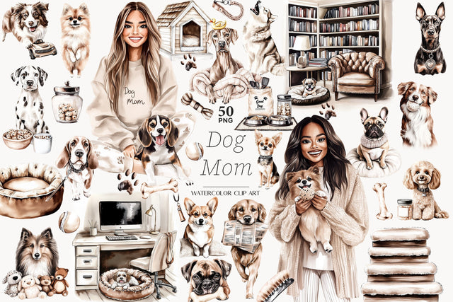 Dog Mom Clipart Set | 50 Dog Breeds PNG Graphics SVG GlamArtZhanna 