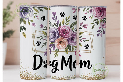 Dog Mom Floral Glitter 20oz Tumbler Wrap Sublimation PixelChick 