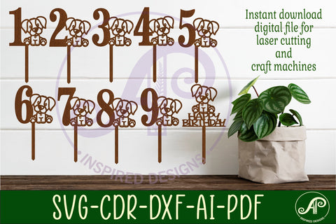 Dog number cake toppers, 10 designs SVG laser cut SVG APInspireddesigns 