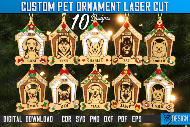 Dog Personalized Ornaments Laser Cut Bundle | Christmas Tree Decoration | Dog Name Ornament | Christmas Gift Idea | CNC File SVG Fly Design 