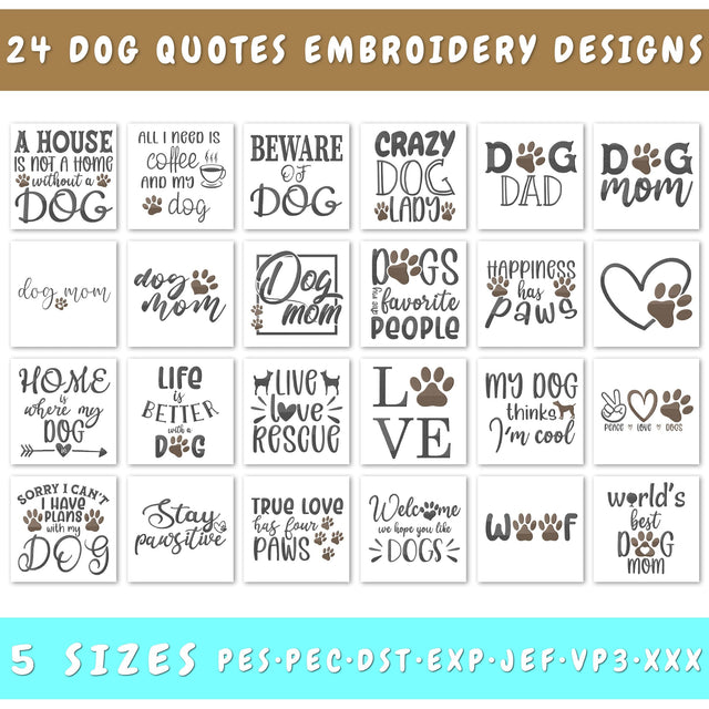 Dog Quotes Embroidery Designs Bundle - 24 Designs, Dog Sayings Embroidery Patterns, Dog Lover PES Files Embroidery/Applique DESIGNS HappyDesignStudio 