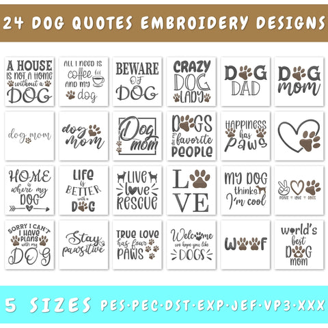 Dog Quotes Embroidery Designs Bundle - 24 Designs, Dog Sayings Embroidery Patterns, Dog Lover PES Files Embroidery/Applique DESIGNS HappyDesignStudio 