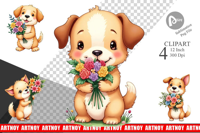 Dog Spring Bouquet Clipart Sublimation artnoy 
