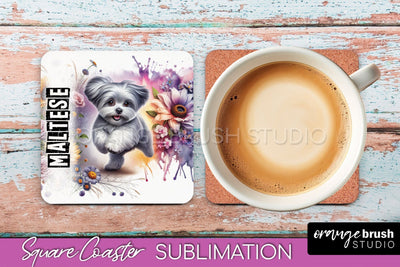 Dog Square Coaster - Dog Mom Floral Coaster Sublimation Sublimation OrangeBrushStudio 