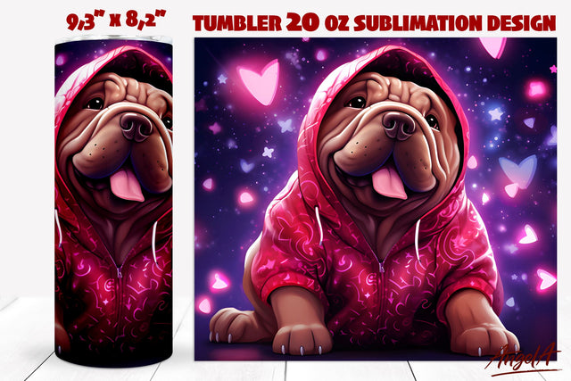 Dog tumbler sublimation / Funny Shar pei with pink hearts SVG Angelina Semenova 