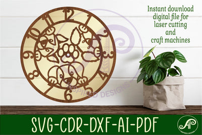 Dogs wall clock laser cut files, SVG file. vector SVG APInspireddesigns 