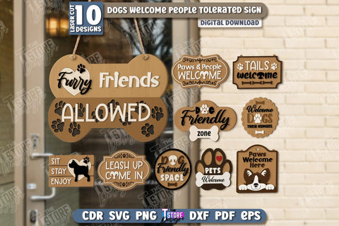 Dogs Welcome People Tolerated Signs Bundle | Door Signs Laser Cut | Welcome Signs | Pets | CNC Files SVG The T Store Design 