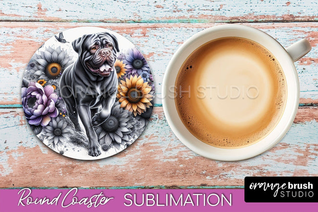 Dogue de Bordeaux Round Coaster - Dog Mom Floral Coaster Sublimation Sublimation OrangeBrushStudio 
