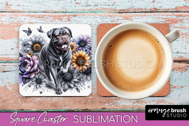 Dogue de Bordeaux Square Coaster - Dog Mom Floral Coaster Sublimation Sublimation OrangeBrushStudio 