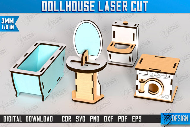 Dollhouse Bathroom Furniture Laser Cut | Miniature Furniture | Doll Bathroom Furniture | CNC File SVG Fly Design 