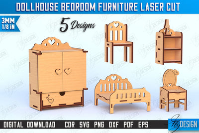 Dollhouse Bedroom Furniture Bundle | Miniature Furniture | Doll Bedroom Furniture | CNC Files SVG Fly Design 