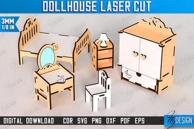 Dollhouse Bedroom Furniture Laser Cut | Miniature Furniture | Doll Bedroom Furniture | CNC File SVG Fly Design 