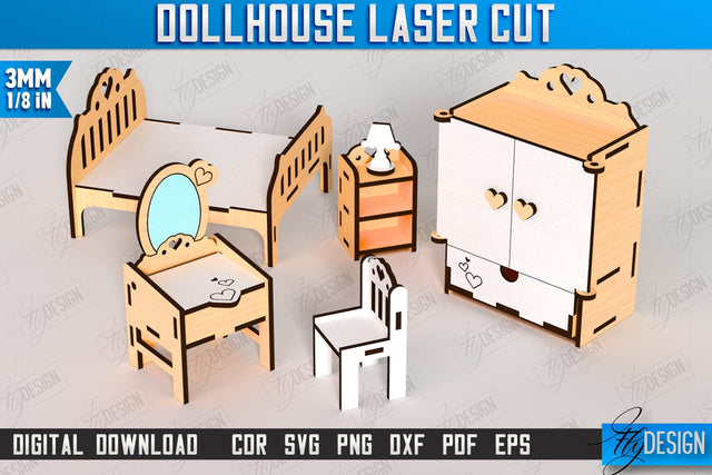Dollhouse Bedroom Furniture Laser Cut | Miniature Furniture | Doll Bedroom Furniture | CNC File SVG Fly Design 