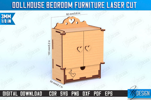 Dollhouse Bedroom Furniture | Miniature Furniture | Doll Bedroom Furniture | Doll Closet | CNC File SVG Fly Design 