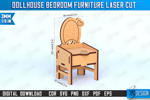 Dollhouse Bedroom Furniture | Miniature Furniture | Doll Bedroom Furniture | Doll Dressing Table | CNC File SVG Fly Design 