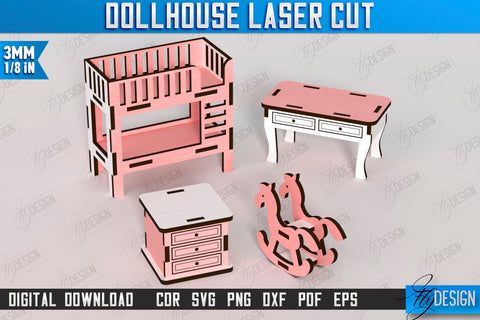 Dollhouse Furniture Laser Cut Bundle | Miniature Furniture | Doll Furniture | Wooden Toy | CNC File SVG Fly Design 