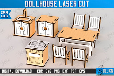 Dollhouse Kitchen Furniture Laser Cut | Miniature Furniture | Doll Kitchen Furniture | CNC File SVG Fly Design 