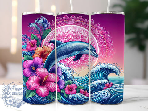 Dolphin 20oz Skinny Tumbler PNG, Hibiscus Floral Dolphin Ocean Beach Tumbler Sublimation Wrap, Straight & Tapered Tumbler Wrap, Instant Digital Download Sublimation ToriDesigns 
