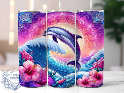 Dolphin 20oz Skinny Tumbler PNG, Hibiscus Floral Dolphin Ocean Beach Tumbler Sublimation Wrap, Straight & Tapered Tumbler Wrap, Instant Digital Download Sublimation ToriDesigns 