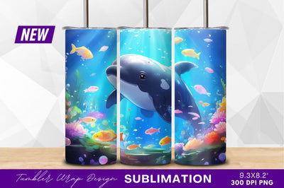 Dolphin and fish underwater cartoon illustration tumbler png Sublimation Regulrcrative 