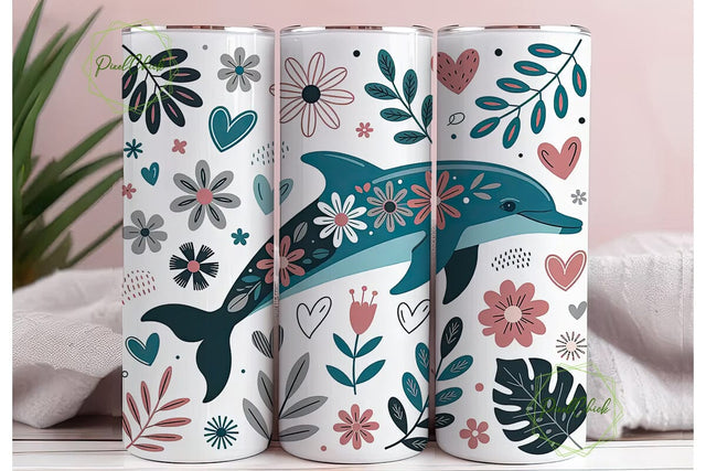 Dolphin Floral Tumbler Wrap PNG Sublimation PixelChick 