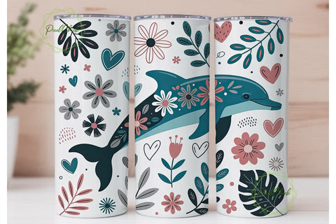 Dolphin Floral Tumbler Wrap PNG Sublimation PixelChick 