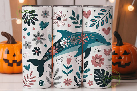 Dolphin Floral Tumbler Wrap PNG Sublimation PixelChick 