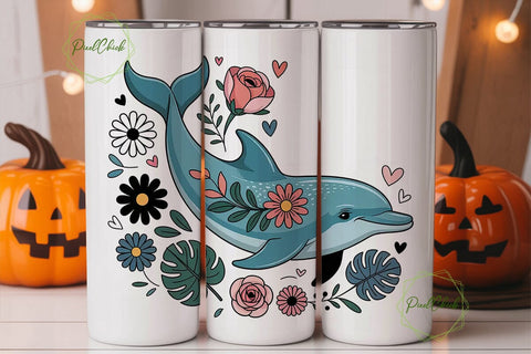 Dolphin Floral Tumbler Wrap PNG Sublimation PixelChick 