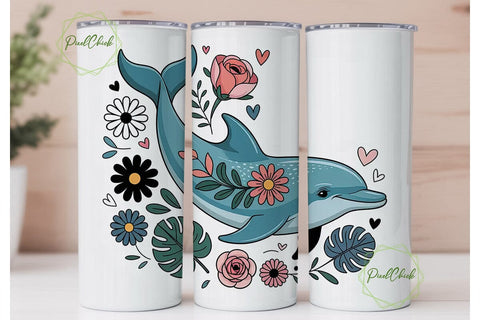 Dolphin Floral Tumbler Wrap PNG Sublimation PixelChick 