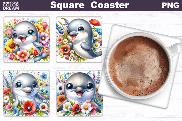 Dolphin Flowers Square Coaster | Cute Dolphin Square Coaster Sublimation WatercolorColorDream 