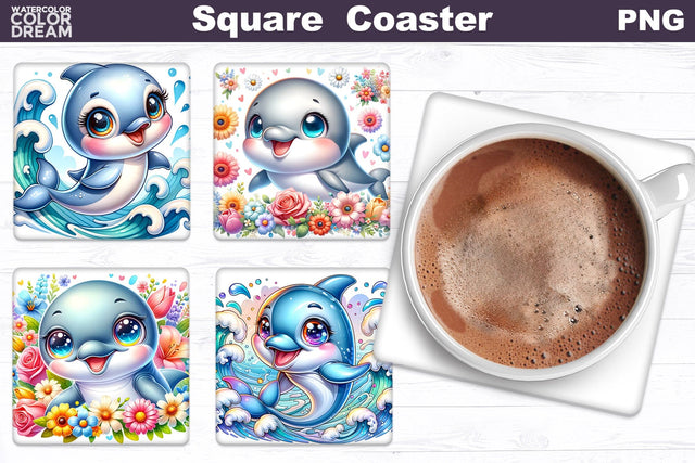 Dolphin Flowers Square Coaster | Cute Dolphin Square Coaster Sublimation WatercolorColorDream 