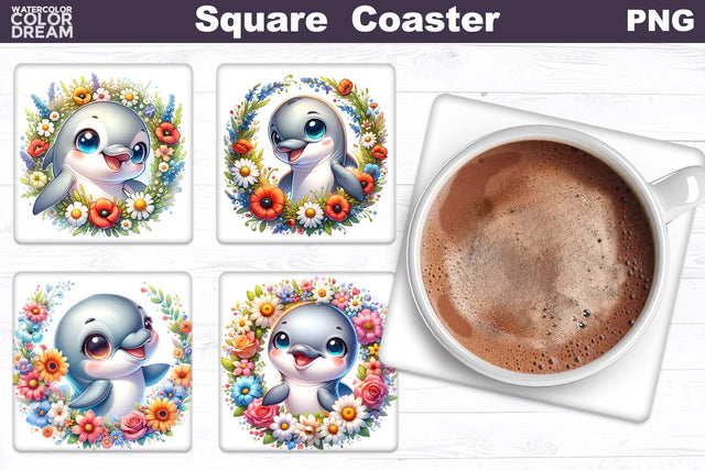 Dolphin Flowers Square Coaster | Cute Dolphin Square Coaster Sublimation WatercolorColorDream 