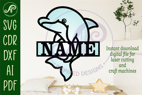 Dolphin name sign SVG Ocean theme laser cut template, door or wall hanger SVG APInspireddesigns 
