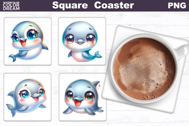 Dolphin Square Coaster | Cute Dolphin Square Coaster Sublimation WatercolorColorDream 