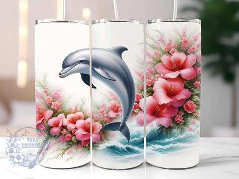 Dolphin Summer Floral 20oz Skinny Tumbler, Dolphin Tumbler Png, Straight & Tapered Tumbler Wrap, Instant Digital Download Sublimation ToriDesigns 