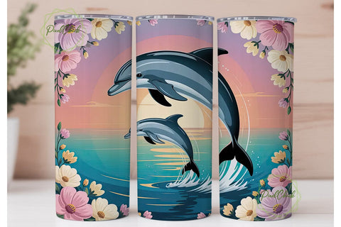 Dolphin Sunset Flowers 20oz Tumbler Wrap Sublimation PixelChick 