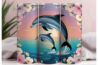 Dolphin Sunset Flowers 20oz Tumbler Wrap Sublimation PixelChick 