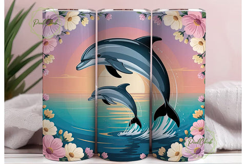 Dolphin Sunset Flowers 20oz Tumbler Wrap Sublimation PixelChick 