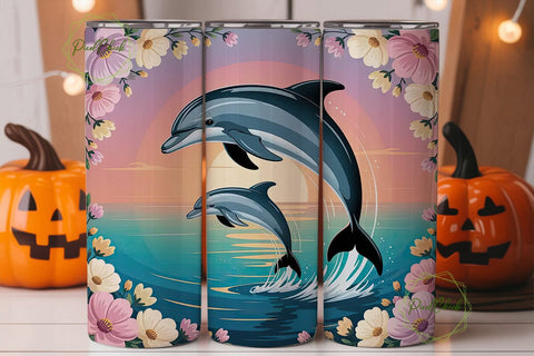 Dolphin Sunset Flowers 20oz Tumbler Wrap Sublimation PixelChick 